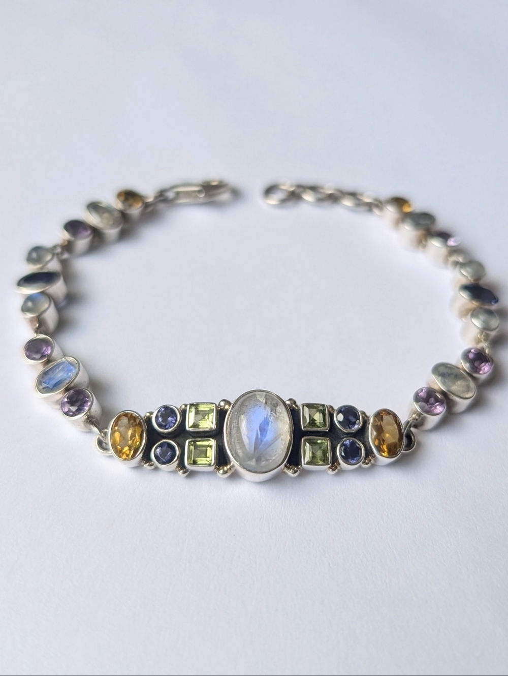 Nicky Butler gem stone tennis bracelet Sterling silver Rainbow moonstone peridot